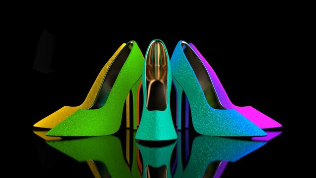 A group of colorful female shoes spins on black background 3D 4K looped animation. Footwear store showcase.