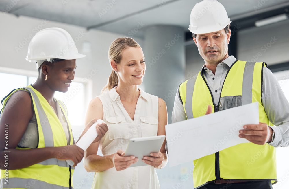 Poster Engineer, diversity and planning building strategy with team in meeting with document and digital tablet. Teamwork, collaboration or support with architect employee consulting on architecture design
