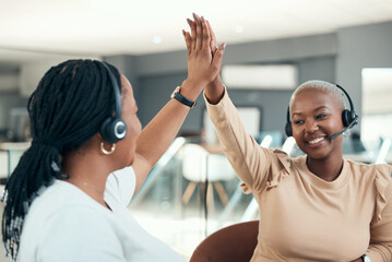 High five, call center and teamwork with women celebrating and happy about success, target and goal...