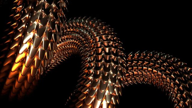 Golden metal snake body moves close-up on black background 3D 4K loop animation