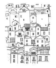 Travel sketch of houses in Bosa. Liner sketches buildings of Sardinia region of Italy. Graphic illustration. Sketch in black color on white background. Hand drawn travel postcard. Freehand drawing.
