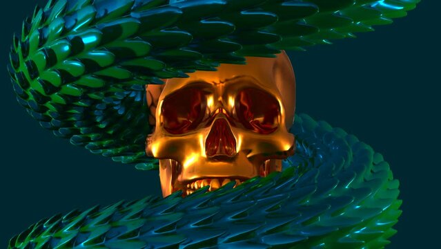 A golden scull and moving snake body on dark background 3D 4K looped animation