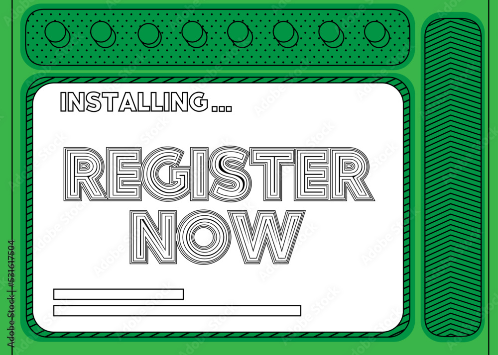 Poster cartoon computer with the word register now. message of a screen displaying an installation window.