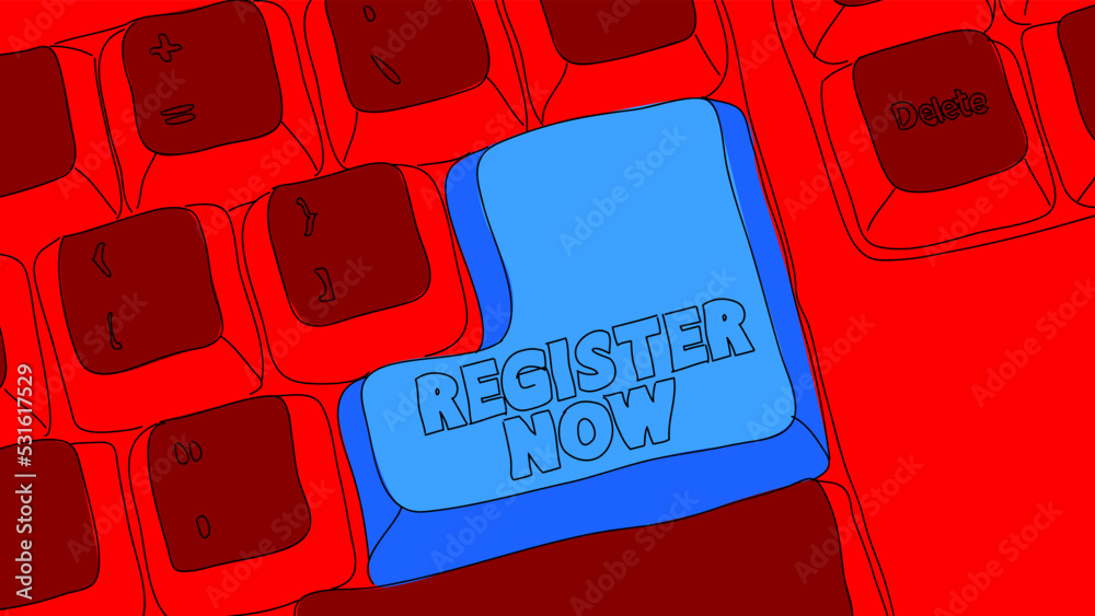 Poster computer keyboard with register now text. close-up of an electronic computer device part, keypad.