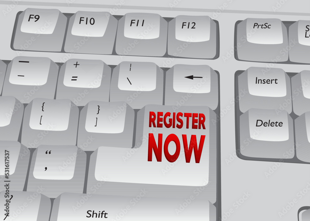Poster computer keyboard with register now text. close-up of an electronic computer device part, keypad.