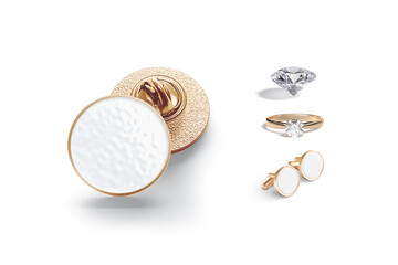 Blank gold enamel pin, ring, cufflinks and diamond mockup, isolated