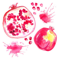 Pomegranate painted with watercolors on white background. Half of pomegranate fruit bright abstract spots.