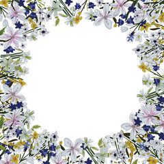 Vector floral frame. Sketchy flowers arrange in border on white background