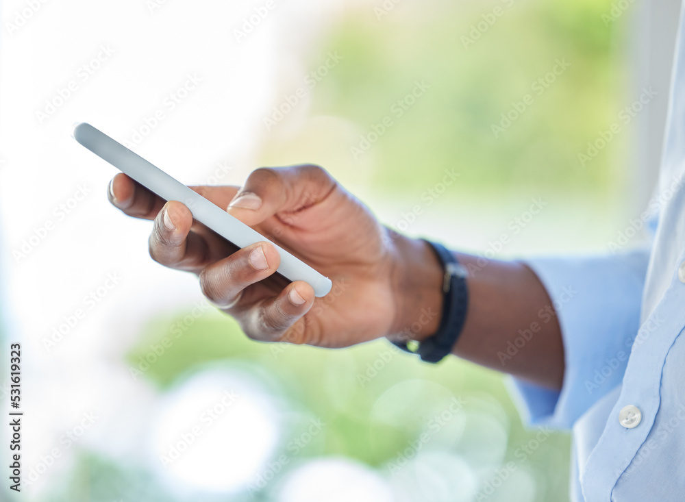 Poster digital, phone and search with hand of black man on mobile device for social media, text or message.