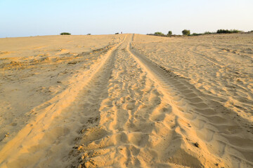 A dusty road going far away in the Thar desert