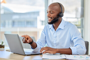 Telemarketing customer service, support and tech help man worker on a online web consultation. Internet consultant and call center employee with headset doing digital, crm and contact us consulting