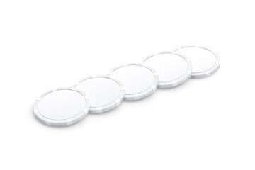 Blank white plastic round chip mockup lying row, side view