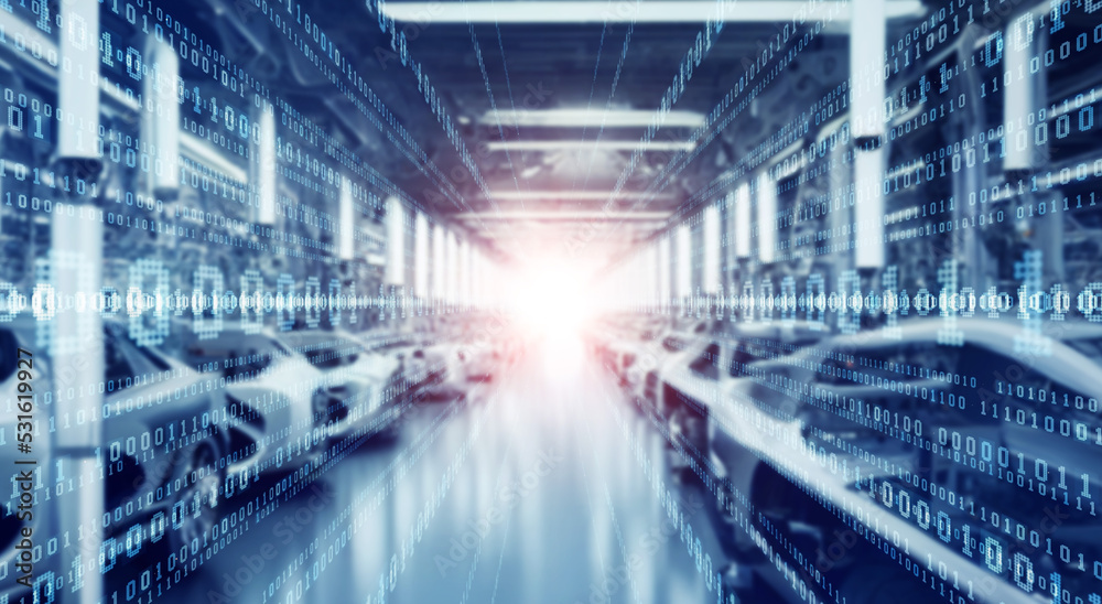 Aufkleber automobile factory and technology. digital transformation. wide angle visual for banners or advertis