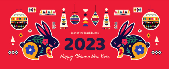 Happy Chinese New Year 2023 banner template in Scandinavian folk style. Symbol of 2023 year a black rabbit.