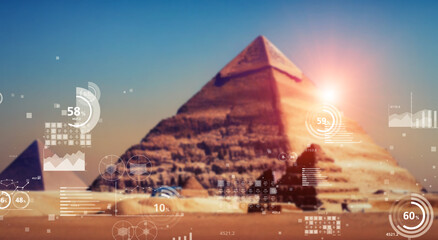 Egyptian pyramids and measurement data. Wide angle visual for banners or advertisements.
