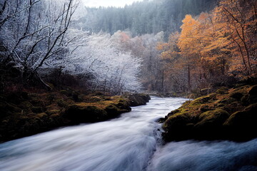 Beautiful forest ice stream and river. Fantastic Epic Magical Landscape. Autumn and winter nature. Celtic Medieval Forest. Rocks and grass.