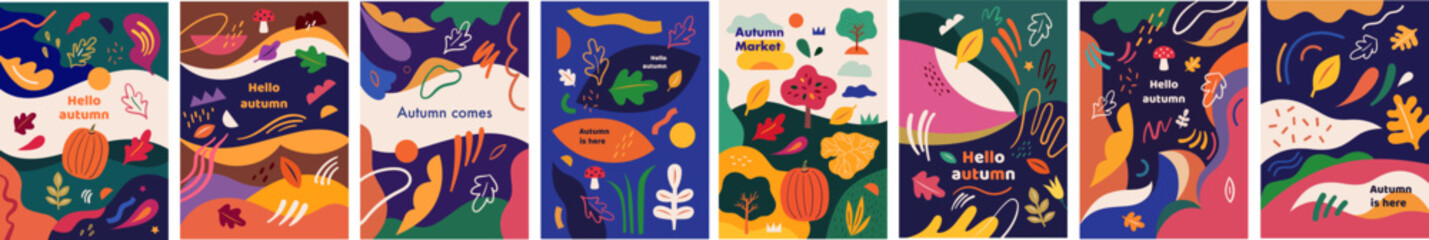 Autumn abstract vector flyers. Posters A3 format with autumn illustrations. Notebook covers. Set of eight trendy vector templates