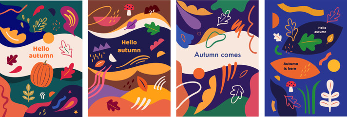 Autumn abstract vector flyers. Posters A3 format with autumn illustrations. Notebook covers. Set of eight trendy vector templates