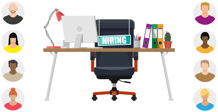 Office chair, sign vacancy, table with office items