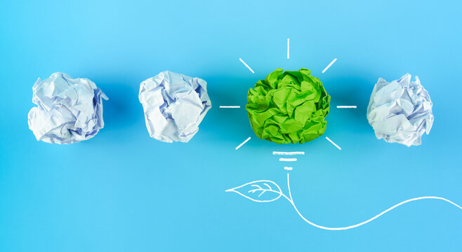 Green crumpled paper light bulb, Inspiration, New idea and Innovation of Environmental concept