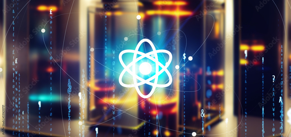 Poster quantum computer concept. wide angle visual for banners or advertisements.
