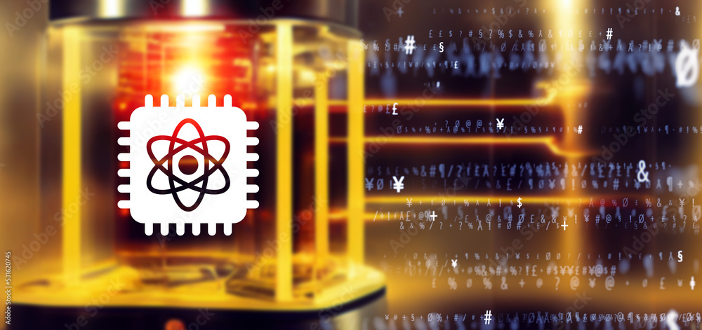 Poster quantum computer concept. wide angle visual for banners or advertisements.