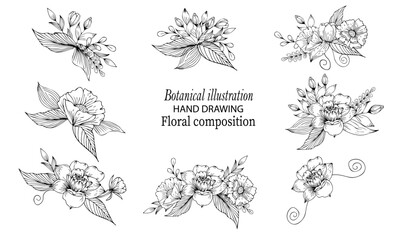 A set of floral flower bouquets. To style your best decor and print. Contour work, hand drawing. Vector