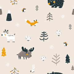 Obraz premium Winter Christmas seamless pattern with cute forest animals and Christmas trees. Vector naive hand drawn illustration in simple scandinavian style. The limited earthy palette is perfect for textile.