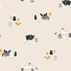 Fototapeta na wymiar Winter Christmas seamless pattern with cute forest animals and Christmas trees. Vector naive hand drawn illustration in simple scandinavian style. The limited earthy palette is perfect for textile.