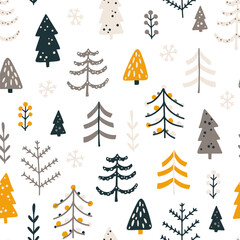 Obraz premium Forest seamless pattern with different Christmas trees. Vector naive hand drawn illustration in simple scandinavian style. The limited earthy palette is ideal for printing textiles, fabric, wrapping