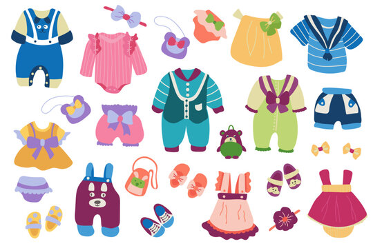 A set of children's clothes and accessories. Drawn style. White background, isolate. Vector illustration.

