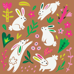 Fototapeta na wymiar Collection of white rabbits, flowers and leaves in flat cartoon style