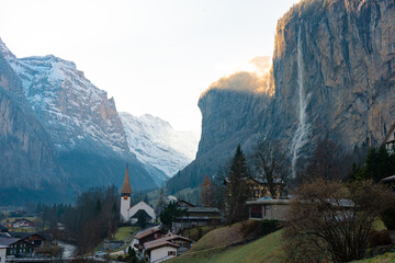 Lauterbrunnen , Picturesque villages , town and valleys of Alps . Nice Staubbach Falls , Kirche ,...