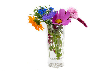 bouquet of autumn flowers with vase isolated on white background