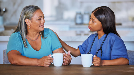 Black woman, nurse or elderly patient support, talking or comfort. Medical consultant, caregiver or...