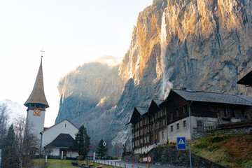 Lauterbrunnen , Picturesque villages , town and valleys of Alps . Nice Staubbach Falls , Kirche ,...