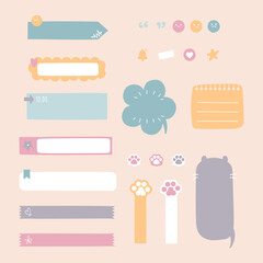 set of cute doodle text box planner with icon sticker, speech bubble balloon, flat design, vector, illustration