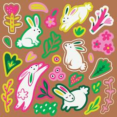 Fototapeta na wymiar White rabbits, flowers and leaves sticker set isolated on brown background