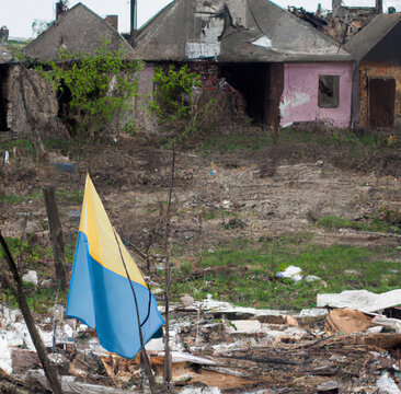 A Torn Dirty Ukrainian Flag On The Ground In Front Of Destroyed Village