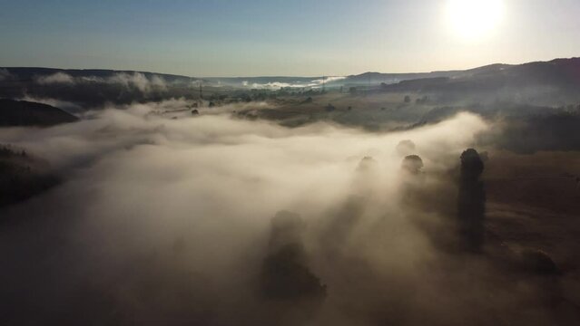 Fog in the valley of the Belgian Ardennes near Chevron, Li&egrave;ge. Aerial