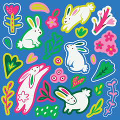 White rabbits, flowers and leaves sticker set isolated on blue background. Simple vector illustration