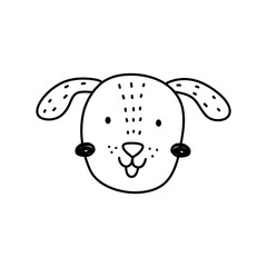 Cute dog face isolated on white background. Happy puppy. Vector hand-drawn illustration in doodle style. Perfect for decorations, cards, logo, various designs. Simple cartoon character.