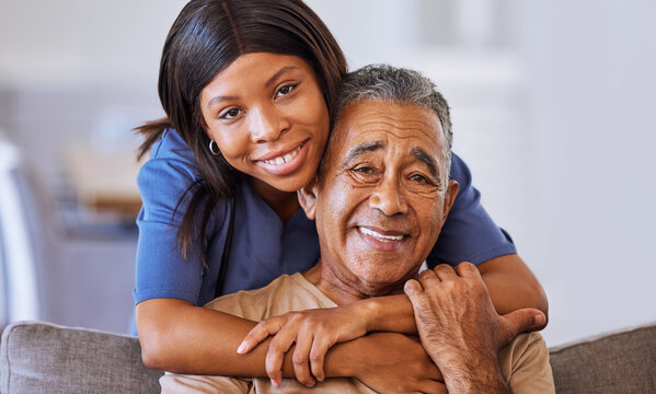 Nurse Hug, Healthcare And Senior Man With Medical Support From Doctor, Consulting For Health And Happy In Communication During Retirement. Portrait Of Sick Person With Trust In Worker In House