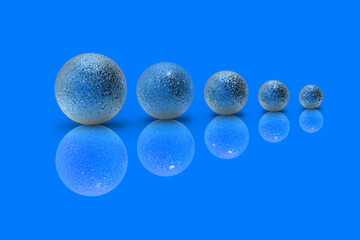 Fototapeta na wymiar Five balls of metal of different sizes of blue color on blue background. Growth of something. Progress. Reflection. Horizontal image. 3D image. 3D rendering.