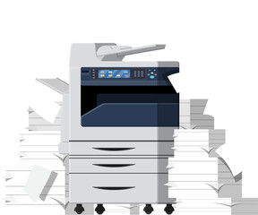 Pile of paper documents and printer