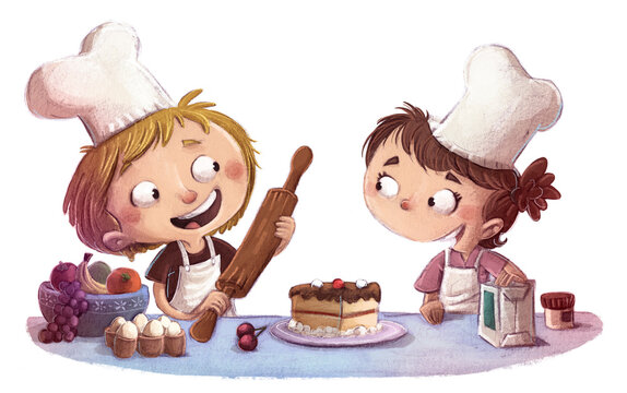 Illustration of boy and girl cooking with ingredients
