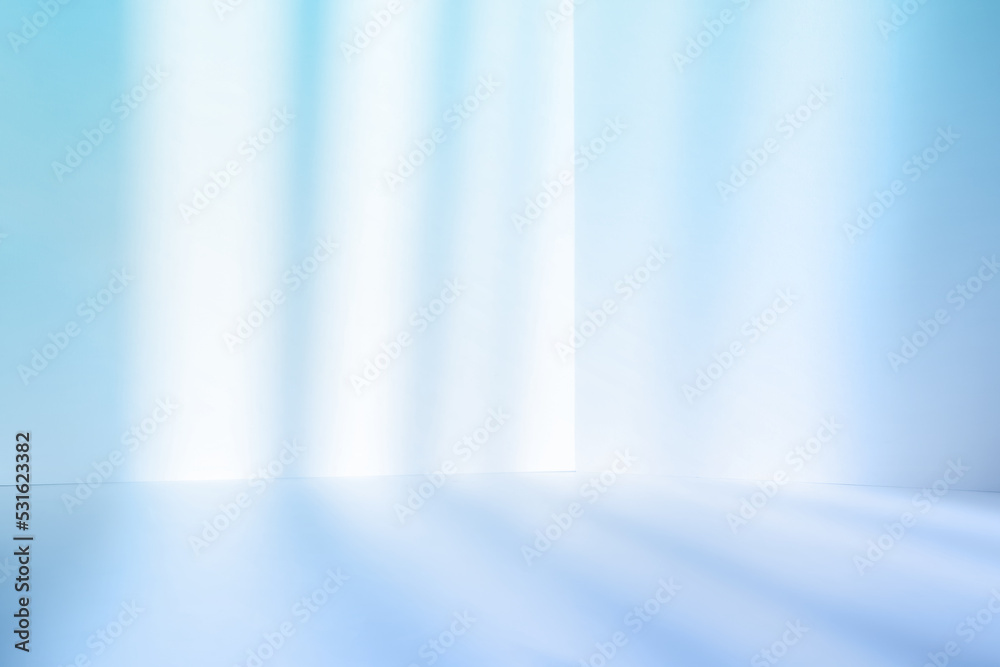 Poster Abstract blue studio background for product presentation. Empty room with shadows of window. Display product with blurred backdrop.