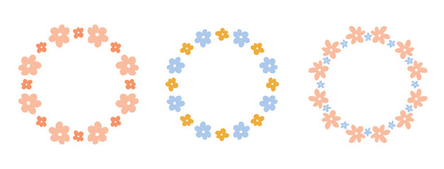 Set of cute floral wreaths with tiny flowers isolated on white background. Vector hand-drawn flat illustration. Perfect for cards, invitations, decorations, logo, various designs.