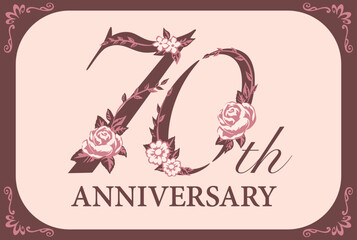70周年アニバーサリーのデザイン素材。花を使った数字フォント。ベクター。