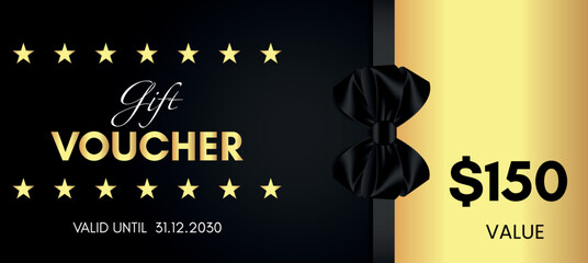 150 Dollar value gift voucher template design with black bow and gold star isolated on black background. Special offer gift voucher template to save money. Gift certificates, tickets, coupon code.